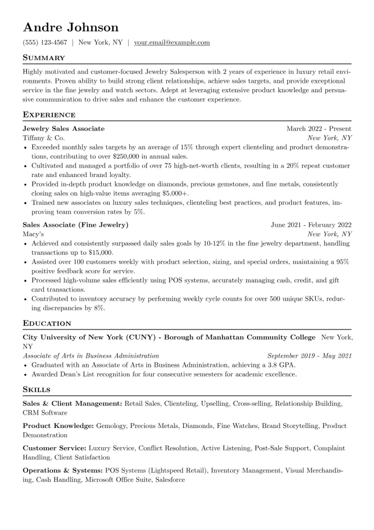 Jewelry Salesperson Resume Example CV template preview