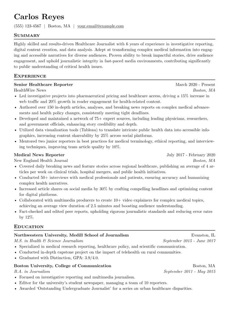 Journalism Resume Example CV template preview