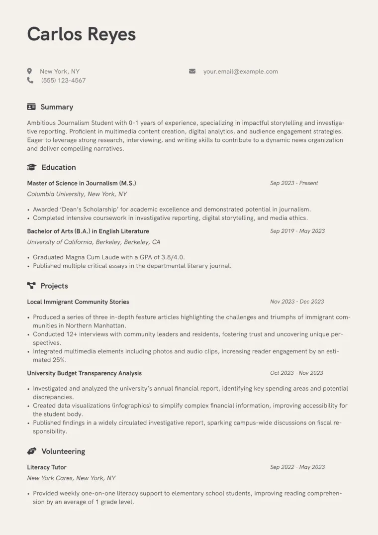 Journalism Student Resume Example CV template preview