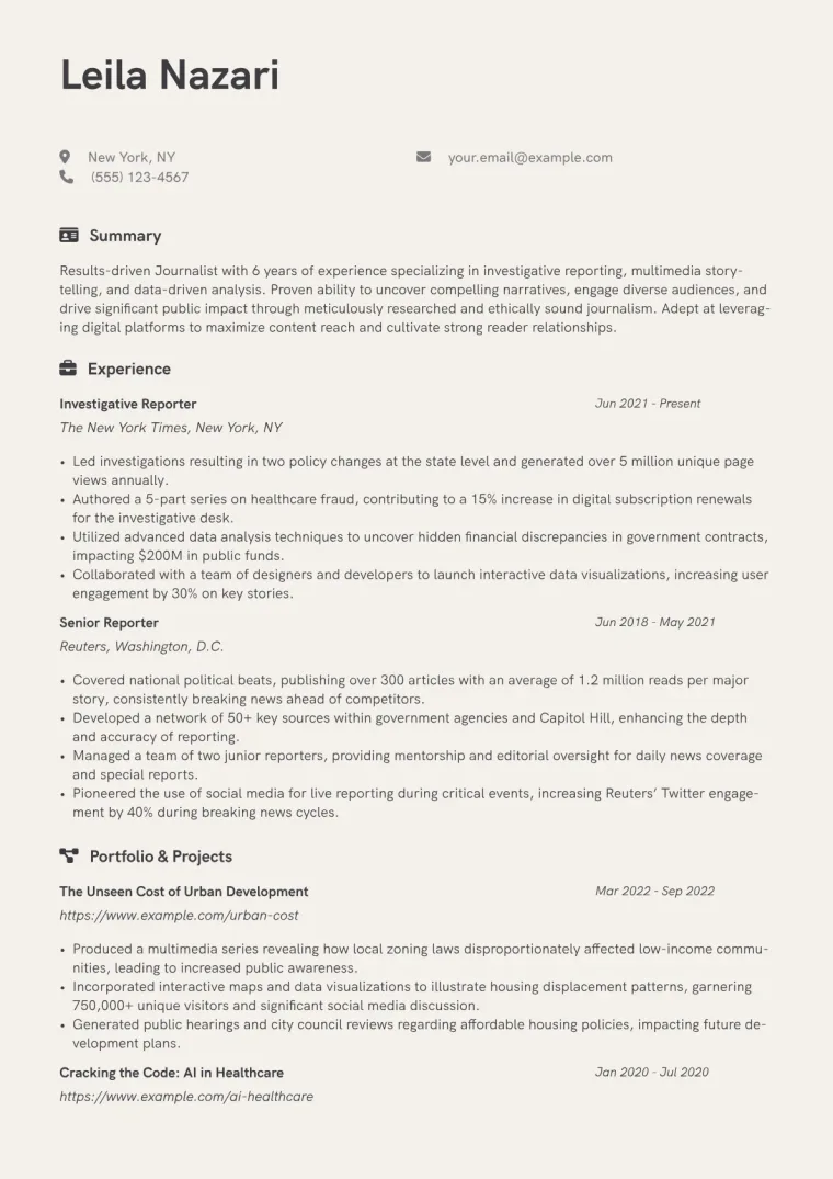 Journalist Resume Example CV template preview