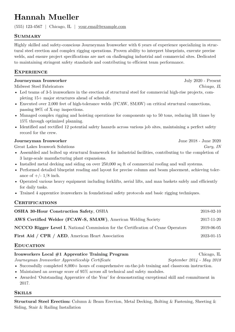 Journeyman Ironworker Resume Example CV template preview