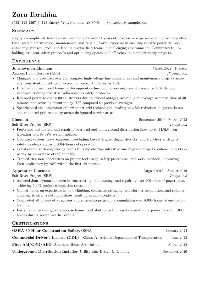 Journeyman Lineman Resume Example CV template preview