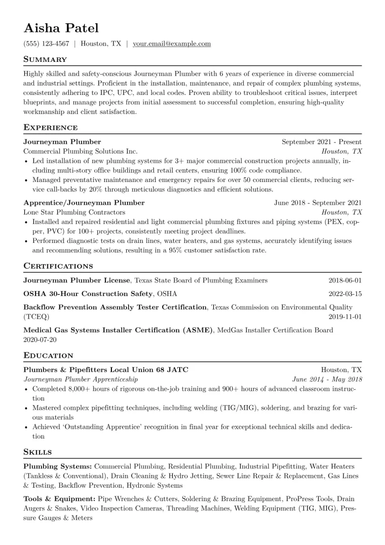 Journeyman Plumber Resume Example CV template preview