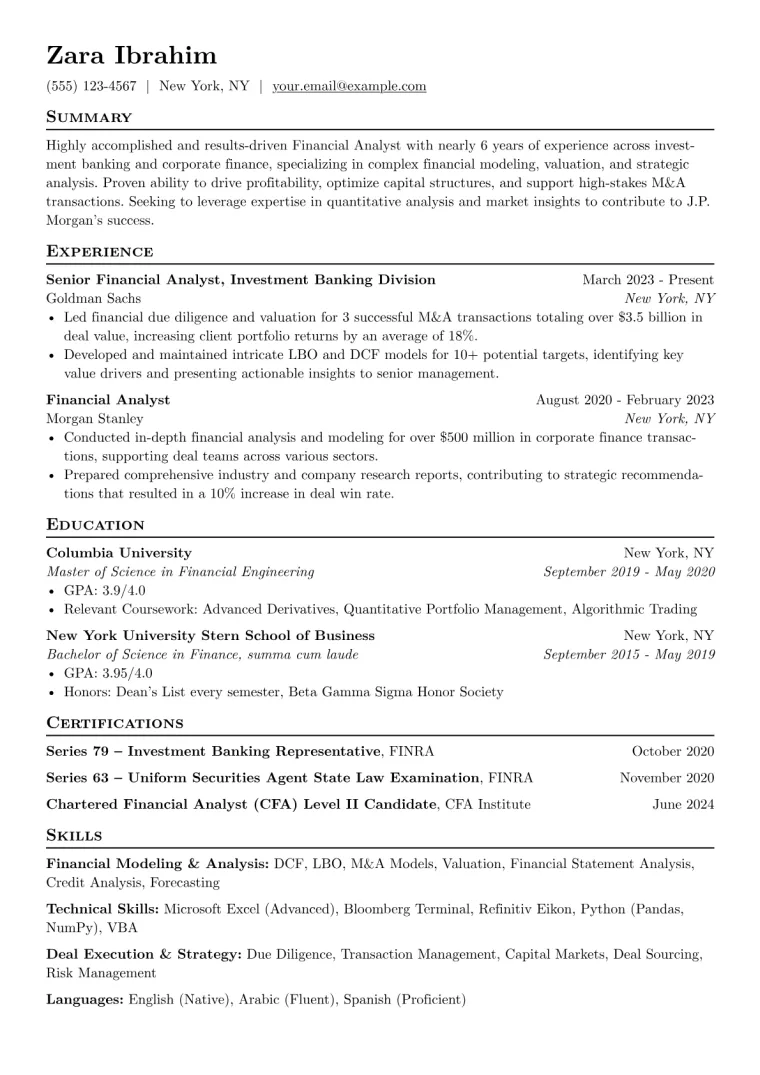 J.P. Morgan Resume Example CV template preview