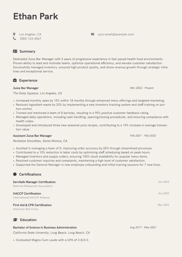 Juice Bar Manager Resume Example CV template preview