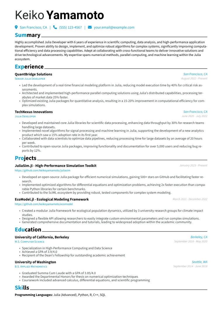 Julia Developer Resume Example CV template preview