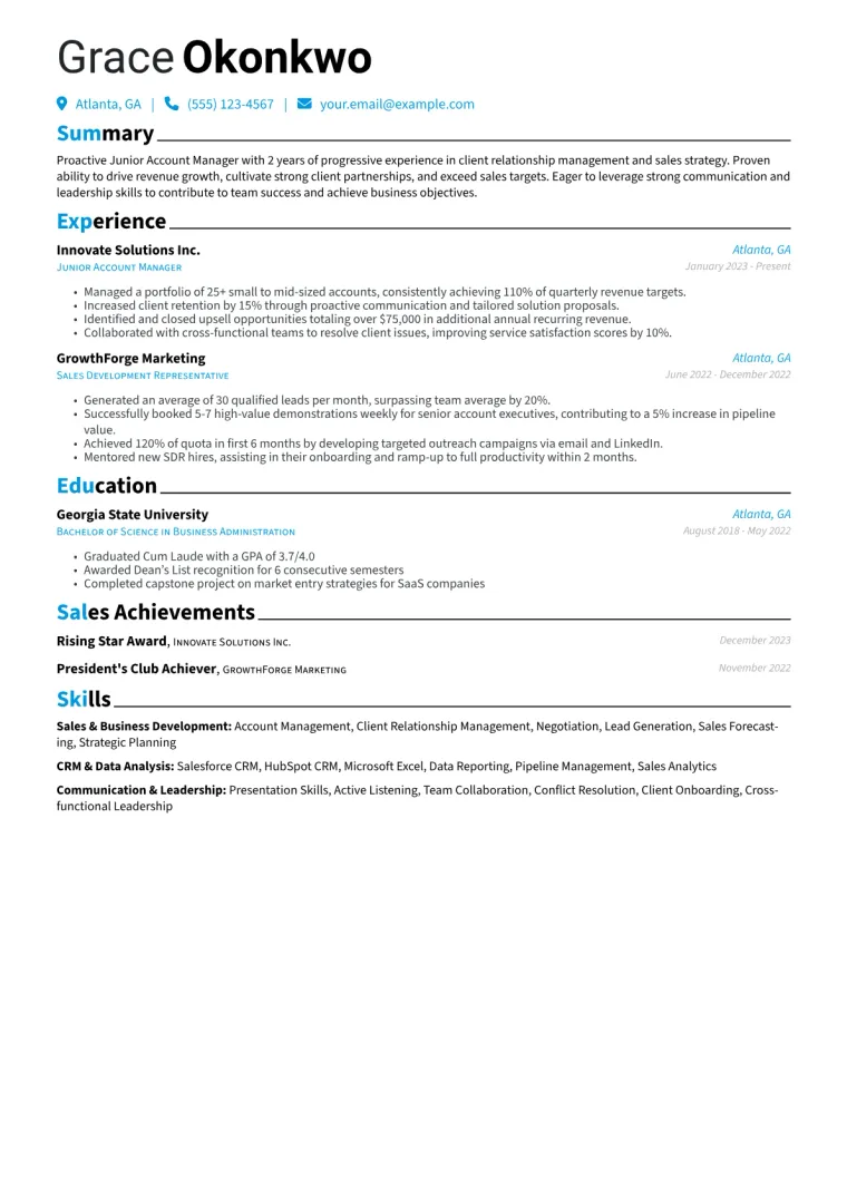 Junior Account Manager Resume Example CV template preview