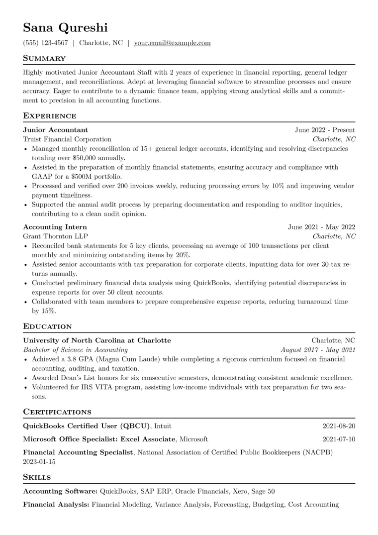 Junior Accountant Staff Resume Example CV template preview