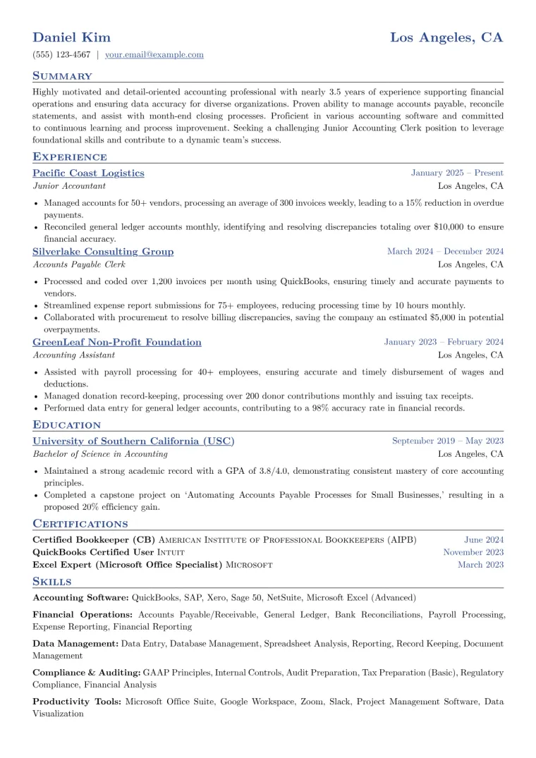 Junior Accounting Clerk Resume Example preview