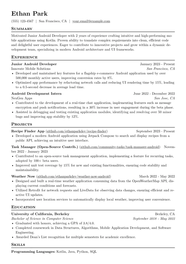 Junior Android Developer Resume Example CV template preview