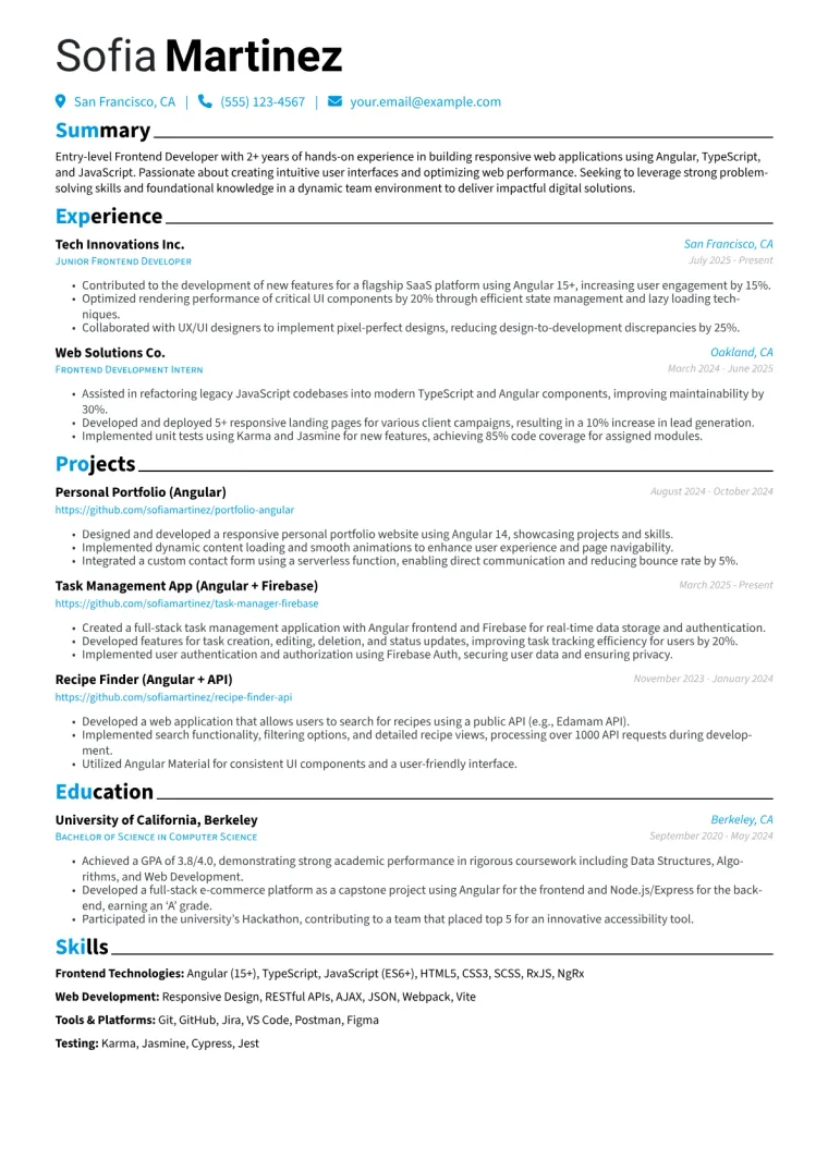 Junior Angular Developer Resume Example CV template preview