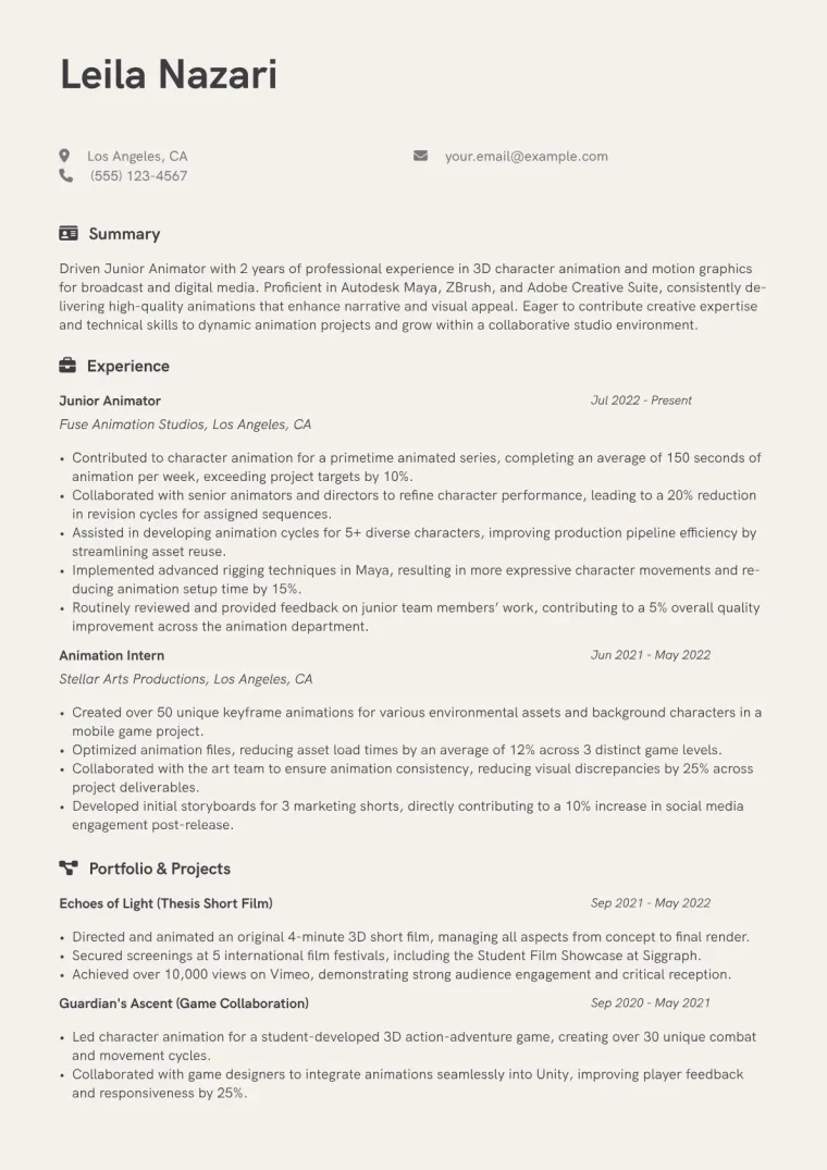 Junior Animator Resume Example CV template preview