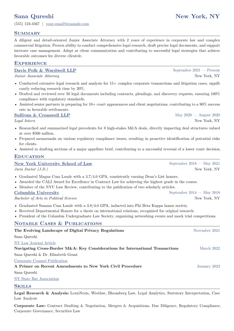 Junior Associate Attorney Resume Example CV template preview