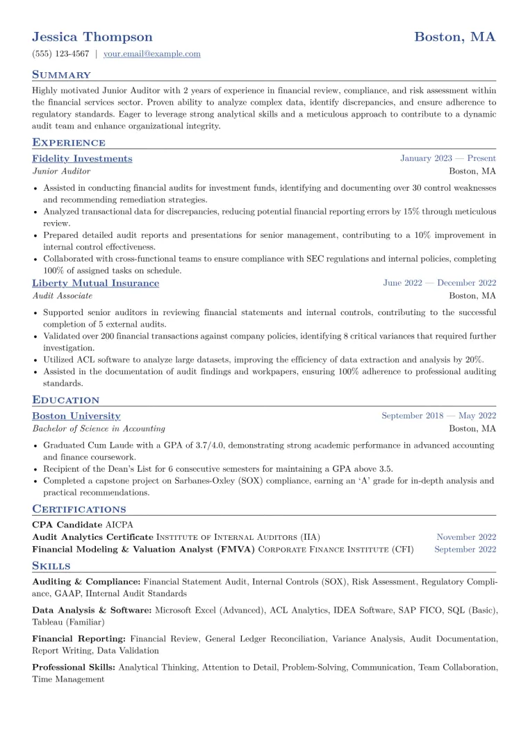 Junior Auditor Resume Example CV template preview