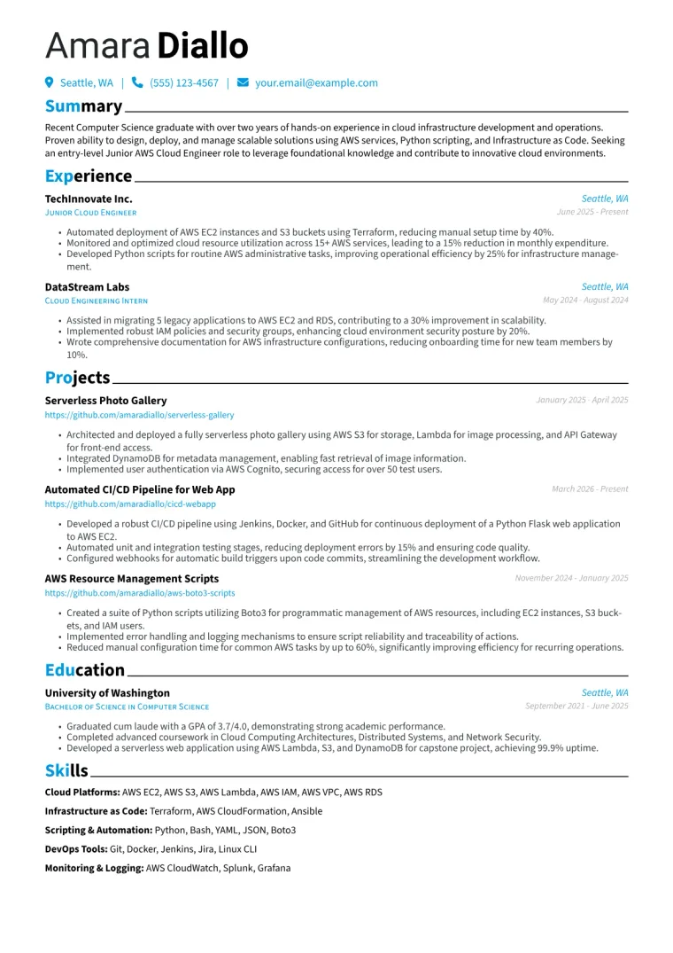 Junior AWS Cloud Engineer Resume Example preview