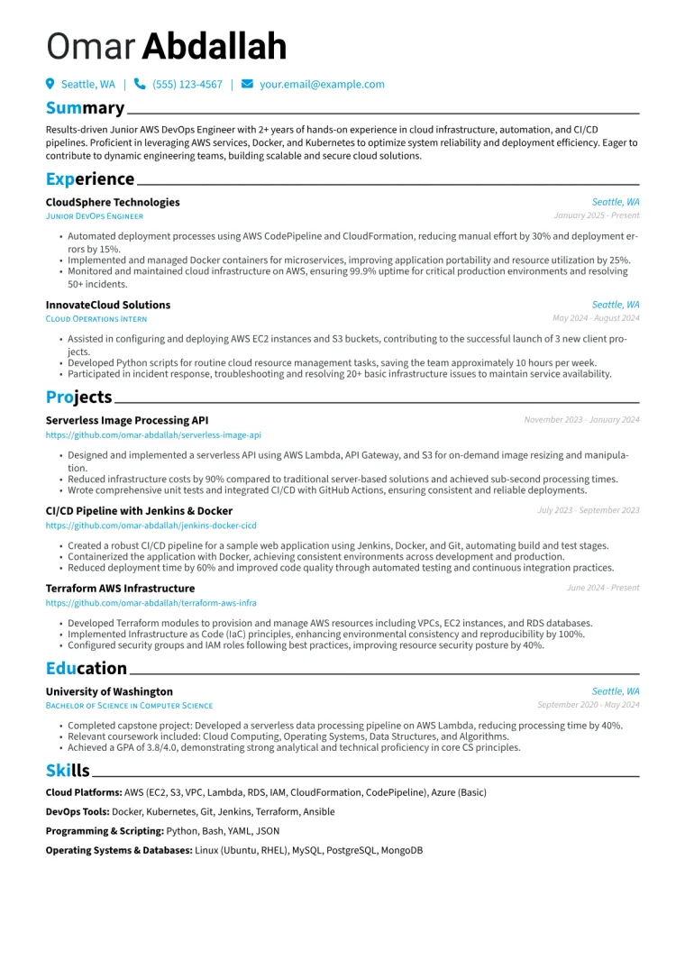 Junior AWS DevOps Engineer Resume Example preview