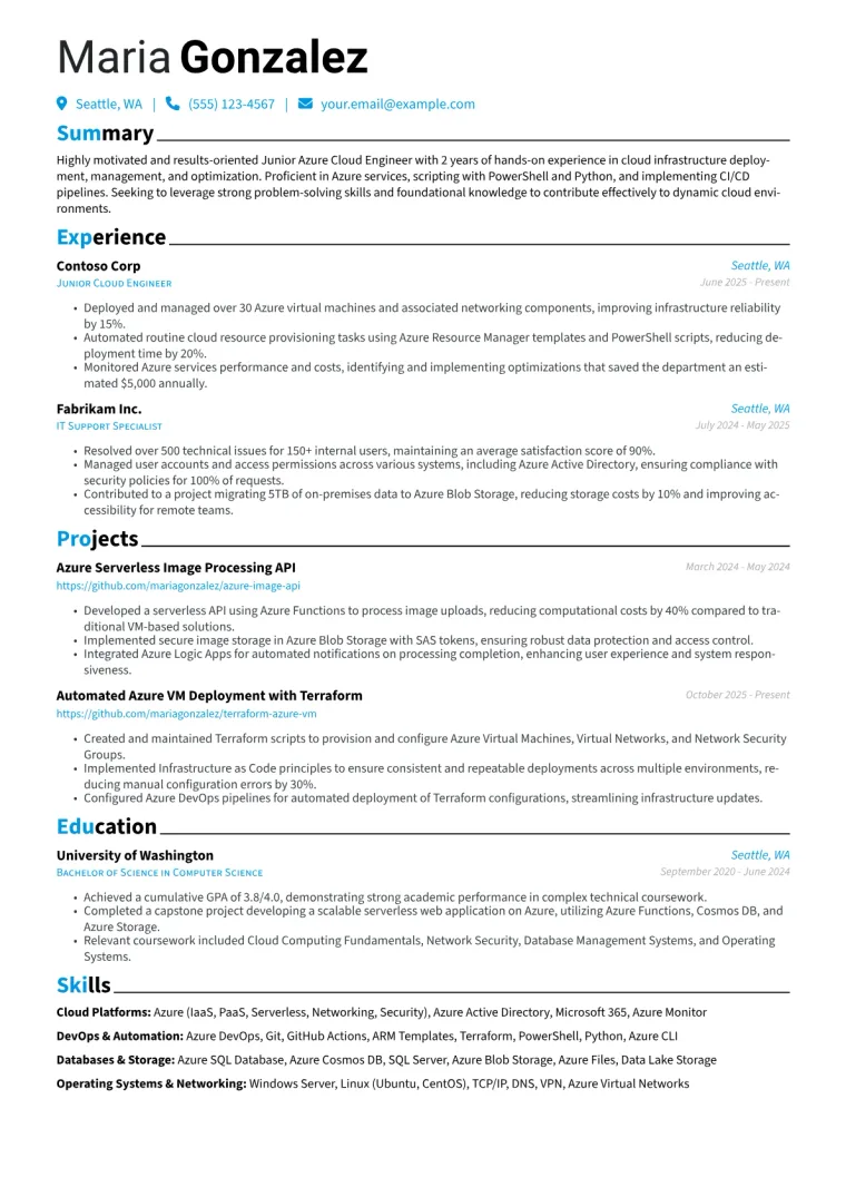 Junior Azure Cloud Engineer Resume Example CV template preview