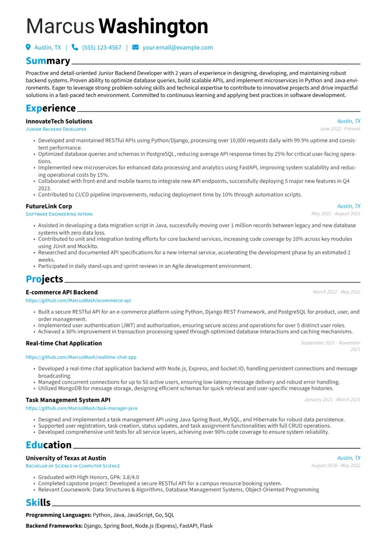 Junior Backend Developer Resume Example CV template preview