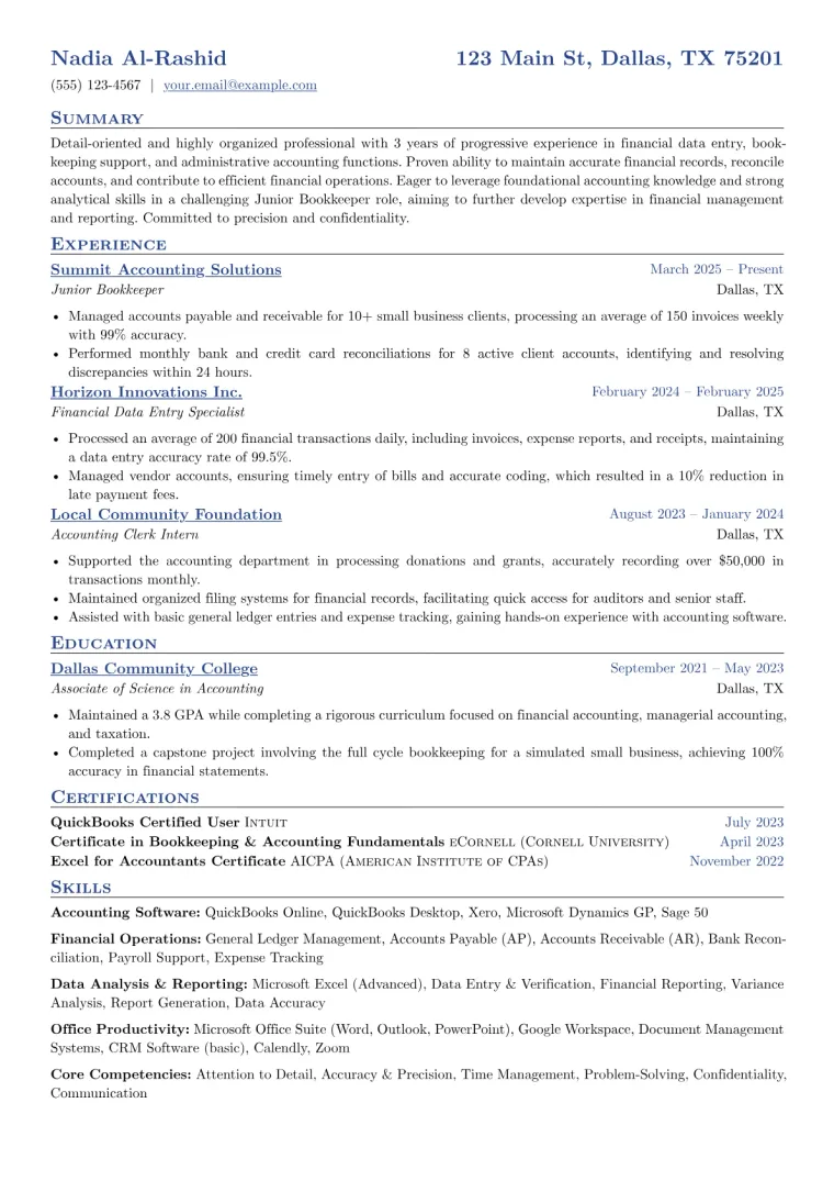 Junior Bookkeeper Resume Example preview