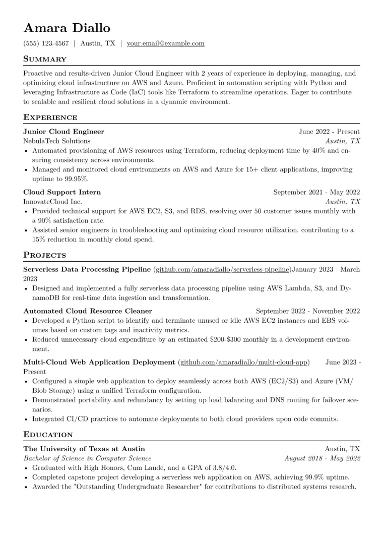 Junior Cloud Engineer Resume Example CV template preview