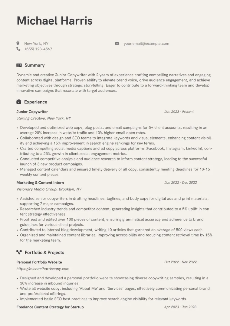 Junior Copywriter Resume Example CV template preview
