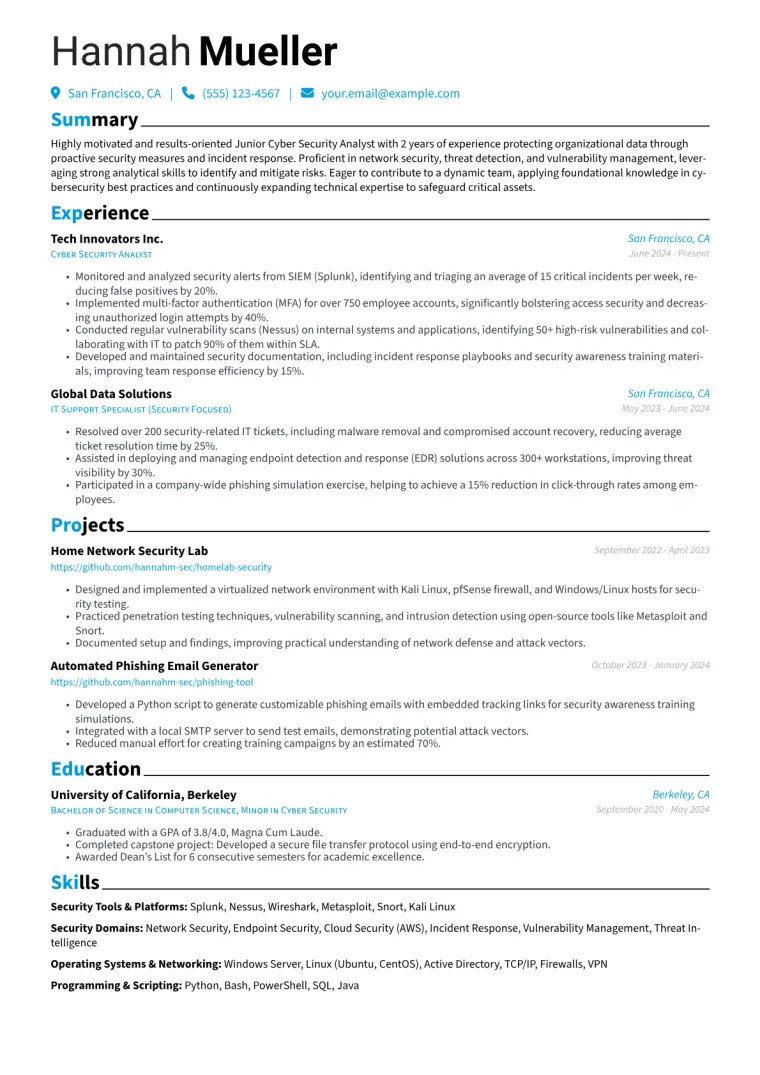 Junior Cyber Security Analyst Resume Example preview