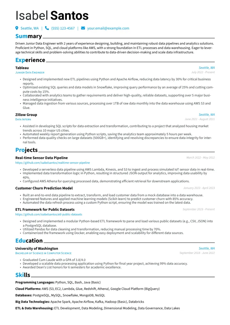 Junior Data Engineer Resume Example CV template preview
