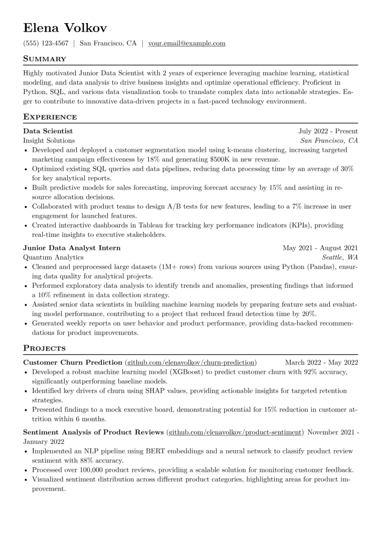 Junior Data Scientist Resume Example CV template preview