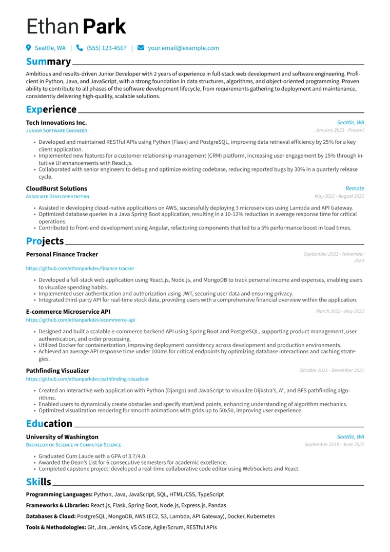 Junior Developer Resume Example CV template preview