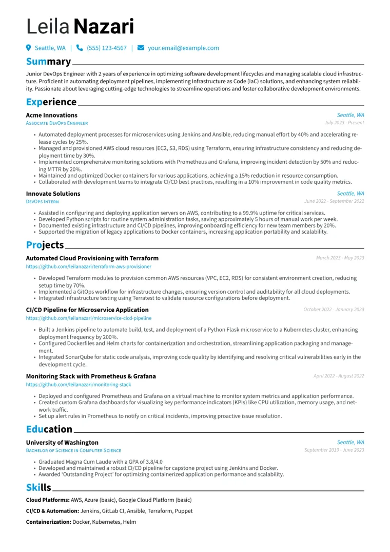 Junior DevOps Engineer Resume Example CV template preview