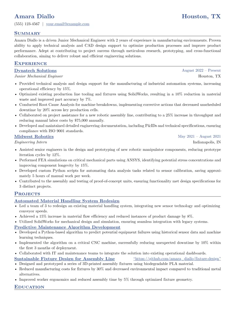 Junior Engineer Resume Example CV template preview