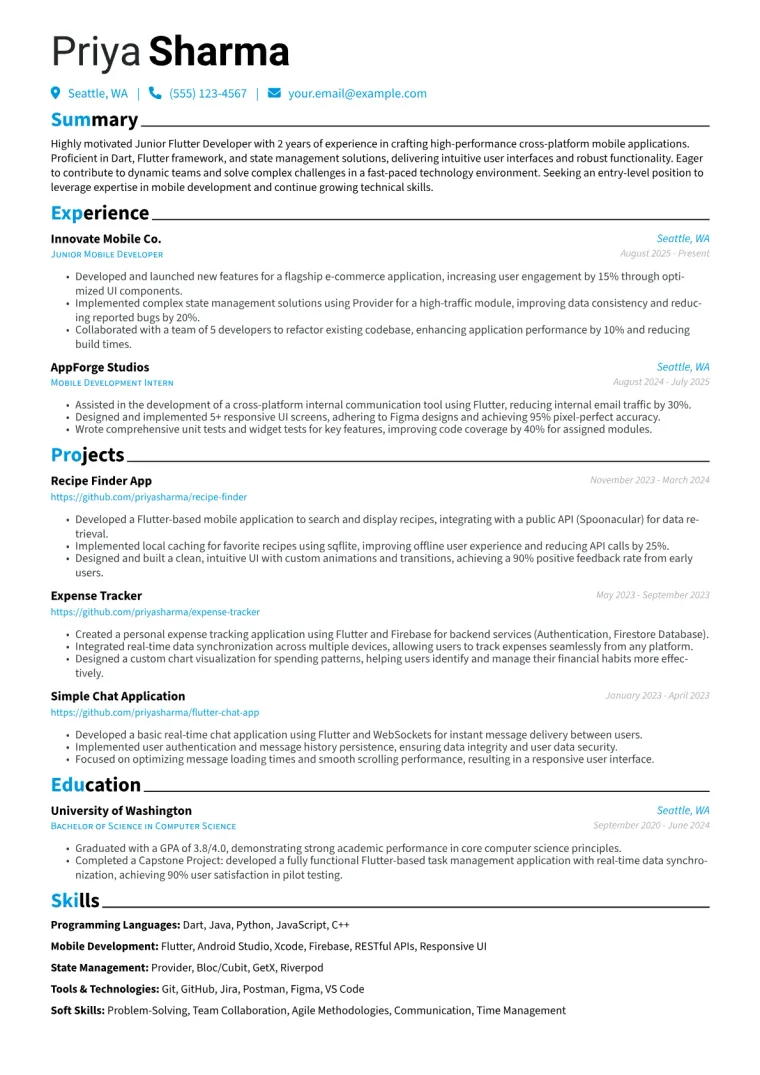 Junior Flutter Developer Resume Example CV template preview