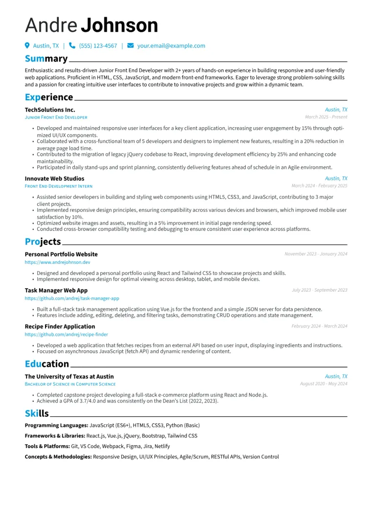 Junior Front End Developer Resume Example preview