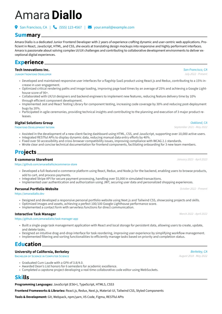 Junior Frontend Developer Resume Example CV template preview