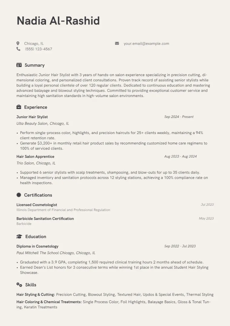 Junior Hair Stylist Resume Example preview