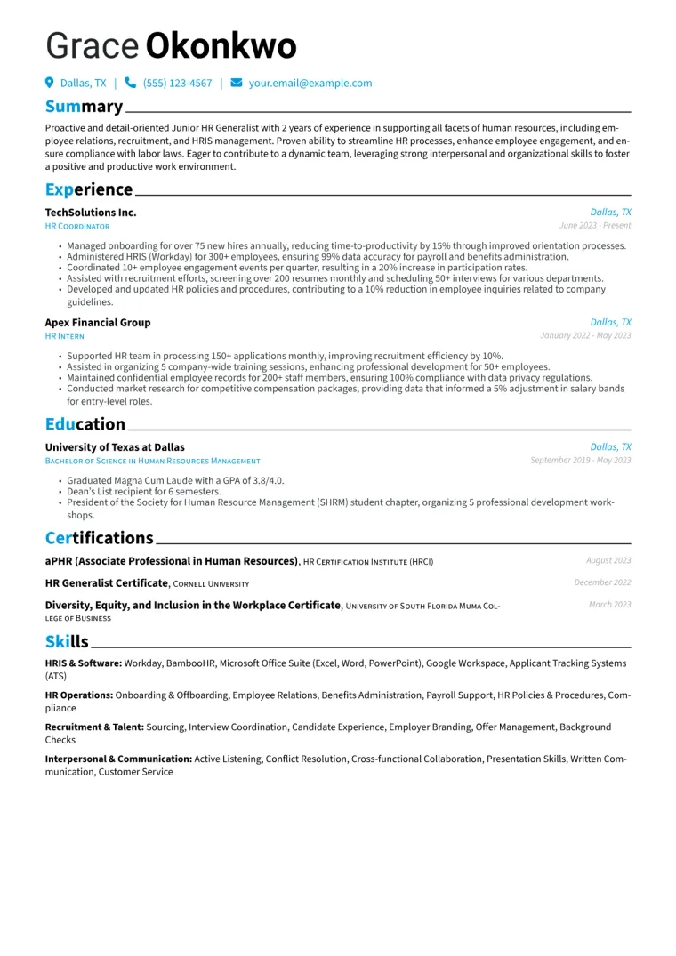 Junior HR Generalist Resume Example CV template preview