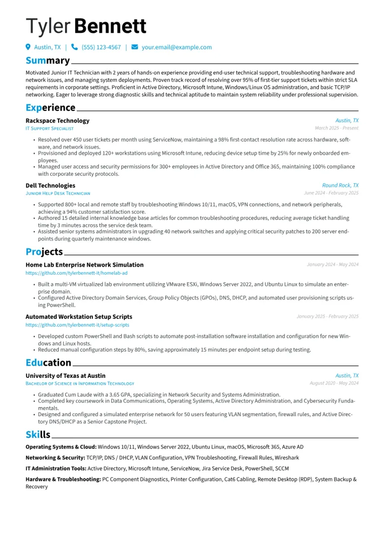 Junior IT Technician Resume Example CV template preview