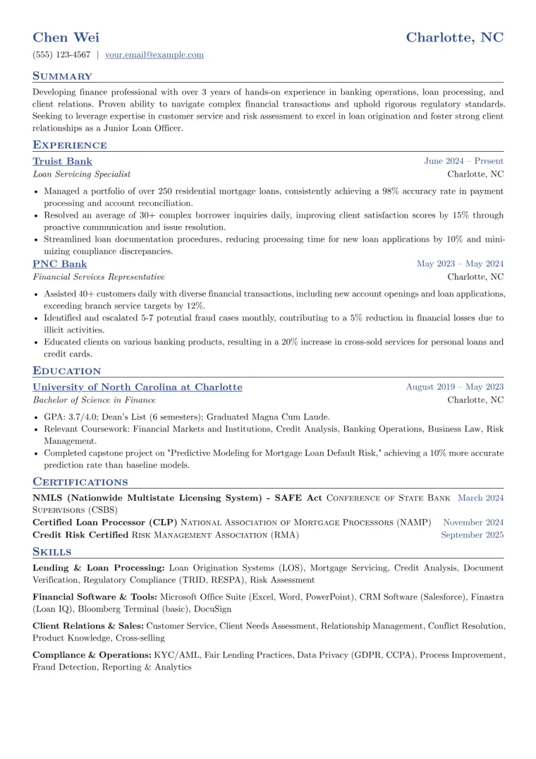Junior Loan Officer Resume Example CV template preview