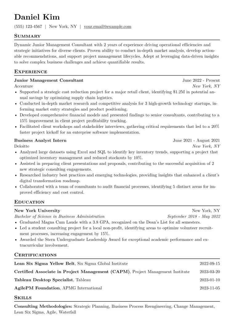 Junior Management Consultant Resume Example CV template preview