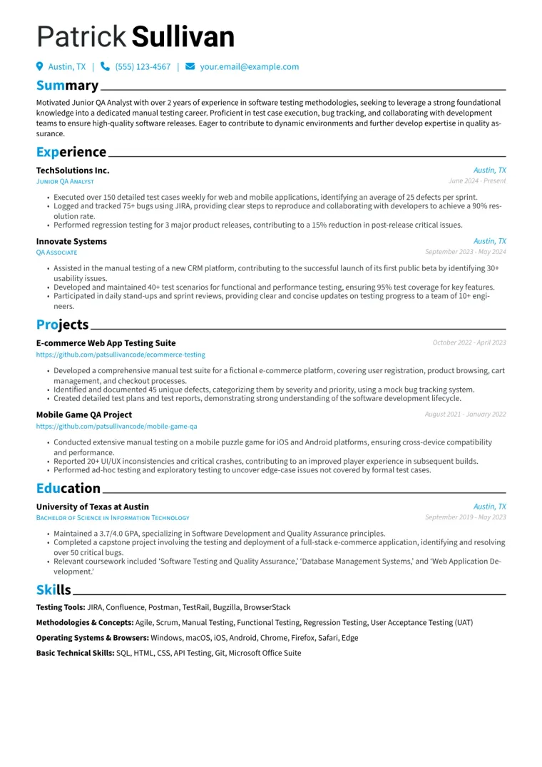 Junior Manual Tester Resume Example CV template preview