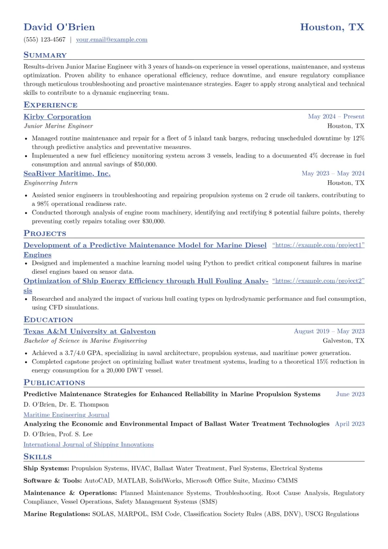 Junior Marine Engineer Resume Example CV template preview