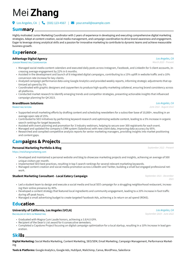 Junior Marketing Coordinator Resume Example CV template preview