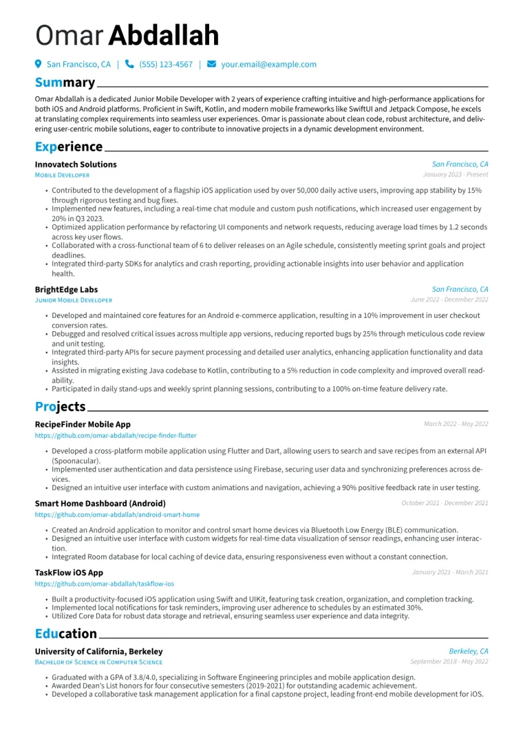 Junior Mobile Developer Resume Example CV template preview