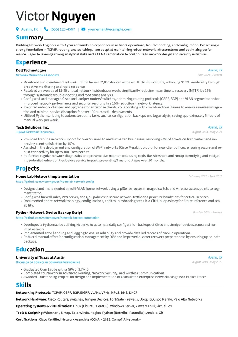 Junior Network Engineer Resume Example CV template preview