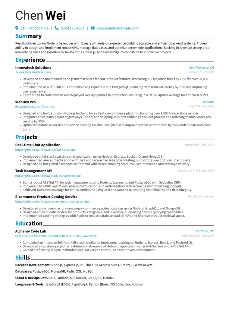 Junior Node.js Developer Resume Example CV template preview