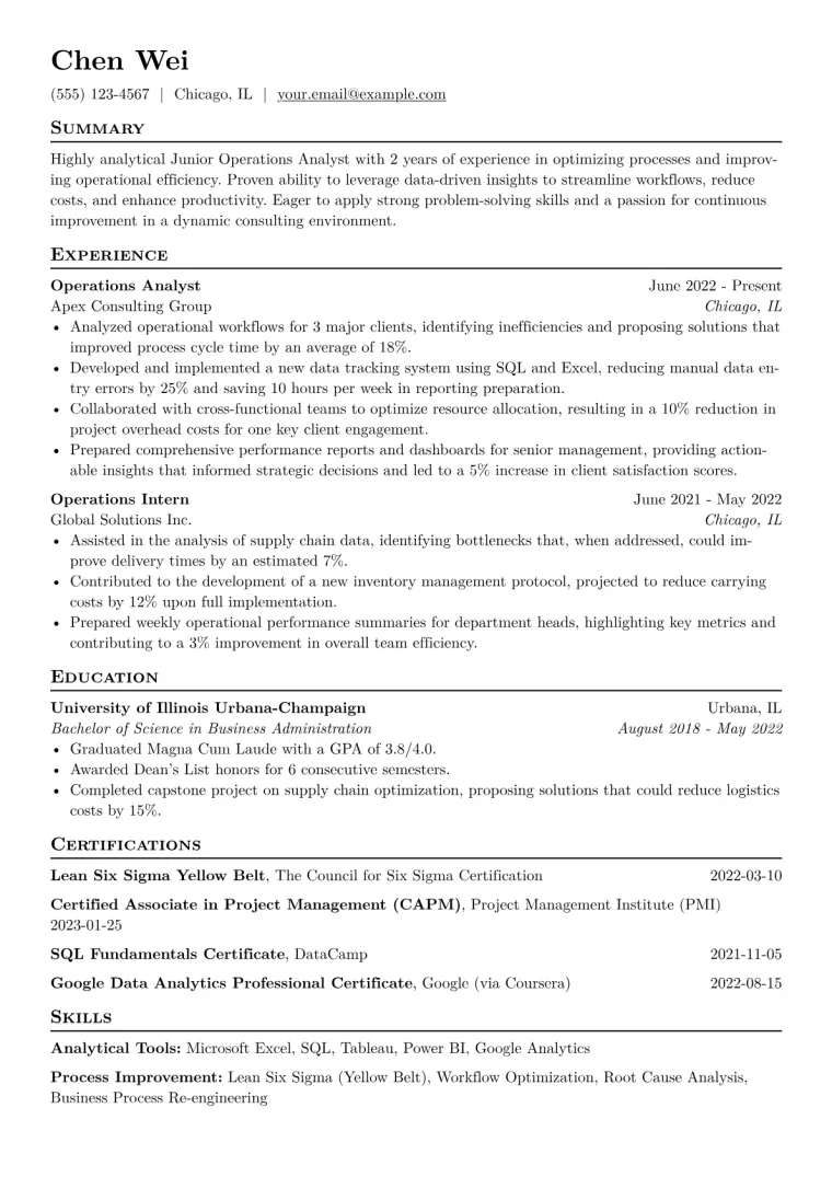 Junior Operations Analyst Resume Example CV template preview