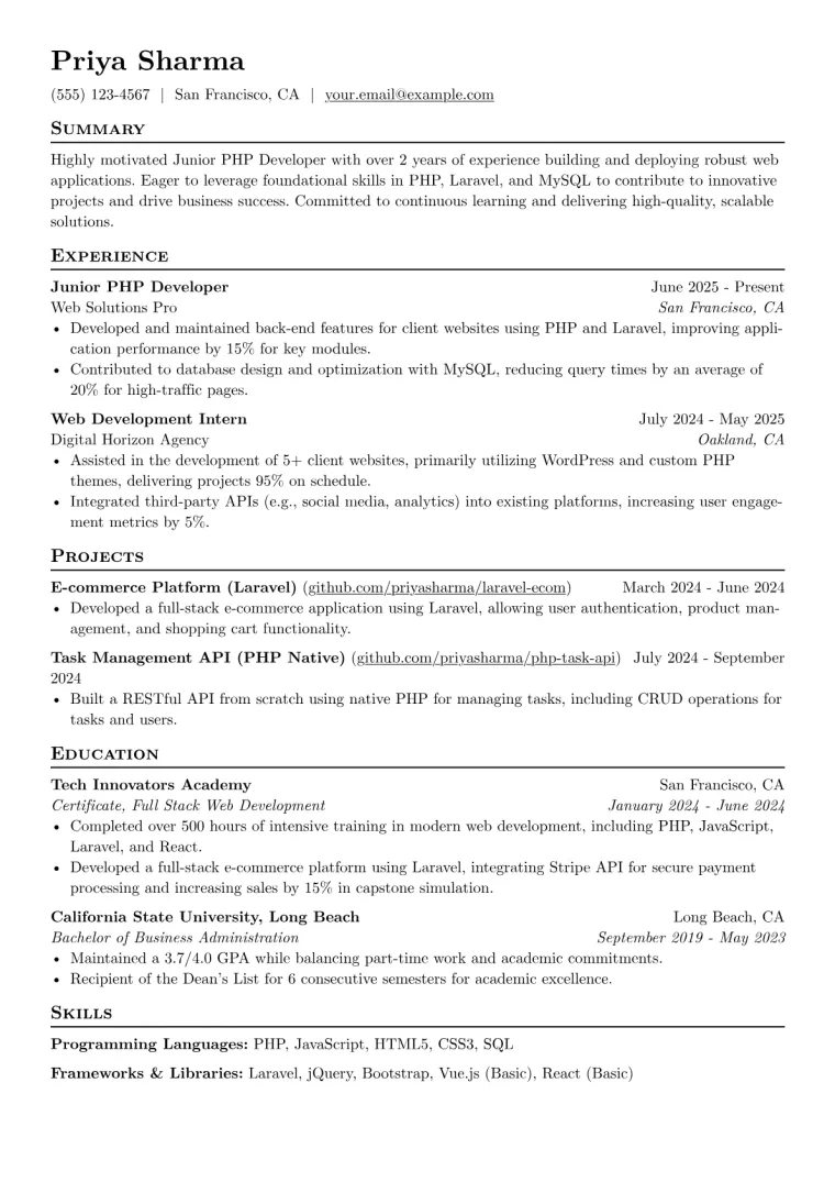 Junior PHP Developer Resume Example CV template preview