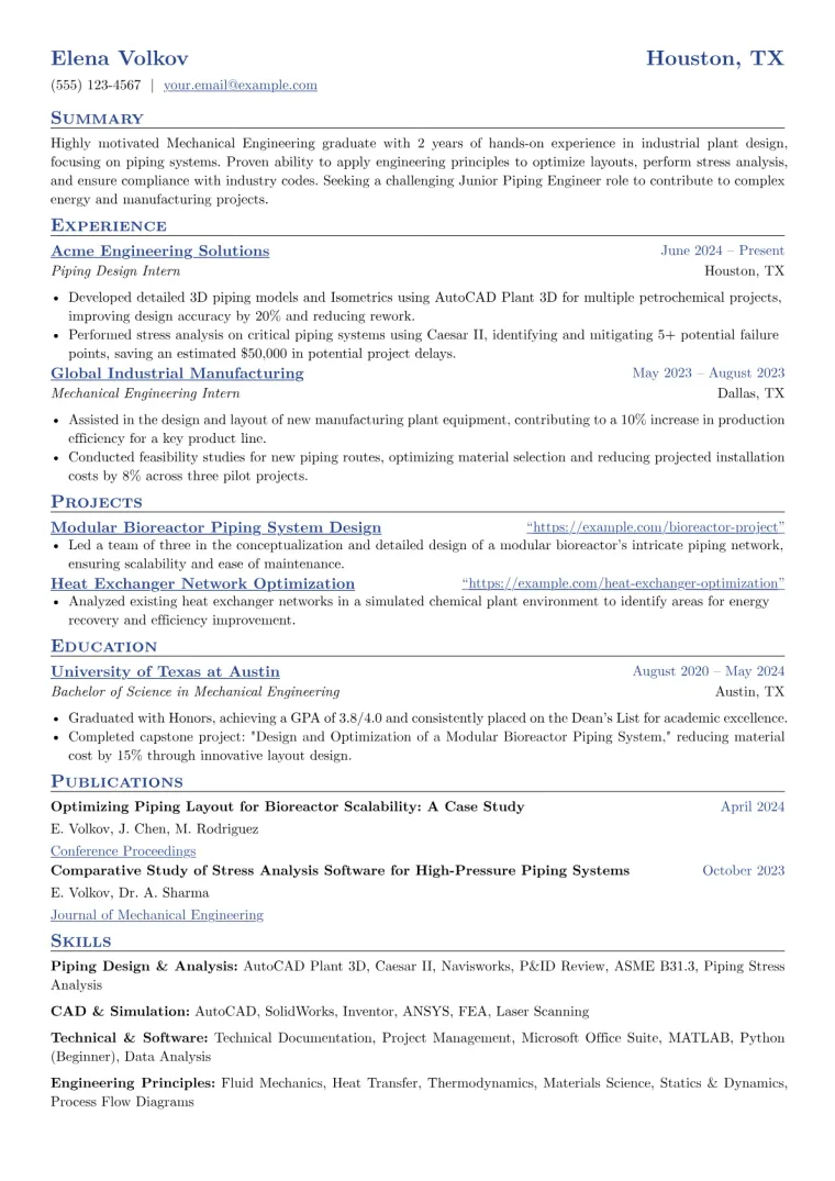 Junior Piping Engineer Resume Example preview