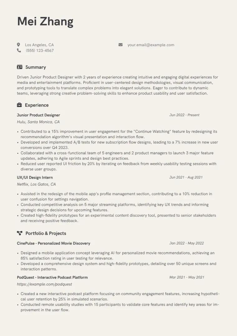 Junior Product Designer Resume Example CV template preview