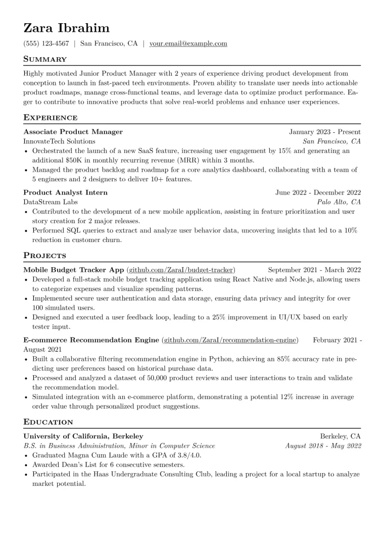 Junior Product Manager Resume Example CV template preview